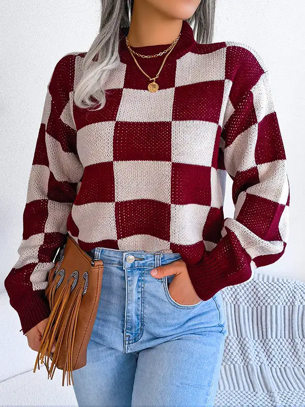 Plaid Round Neck Long Sleeve Relaxed Fit Sweater
