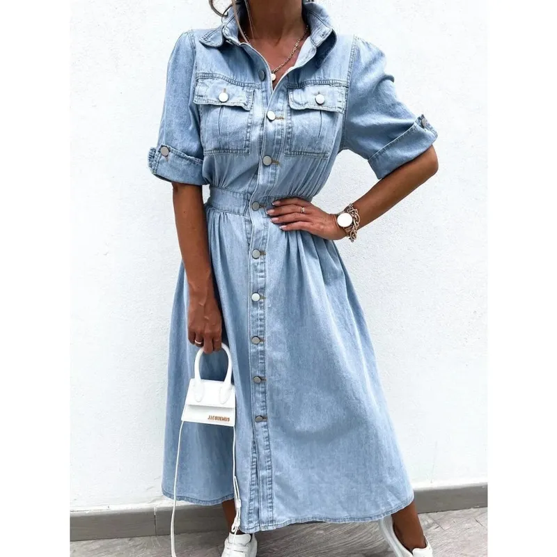 Plus Size Button-Down Roll-Up Sleeve Denim Shirt Dress