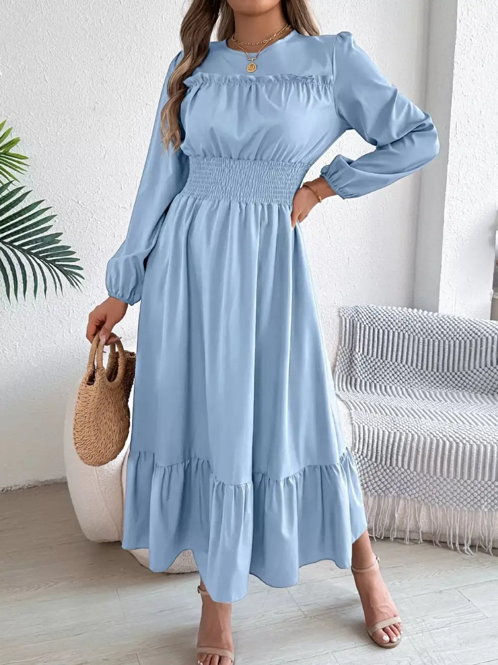 Round Neck Tiered Dress Casual