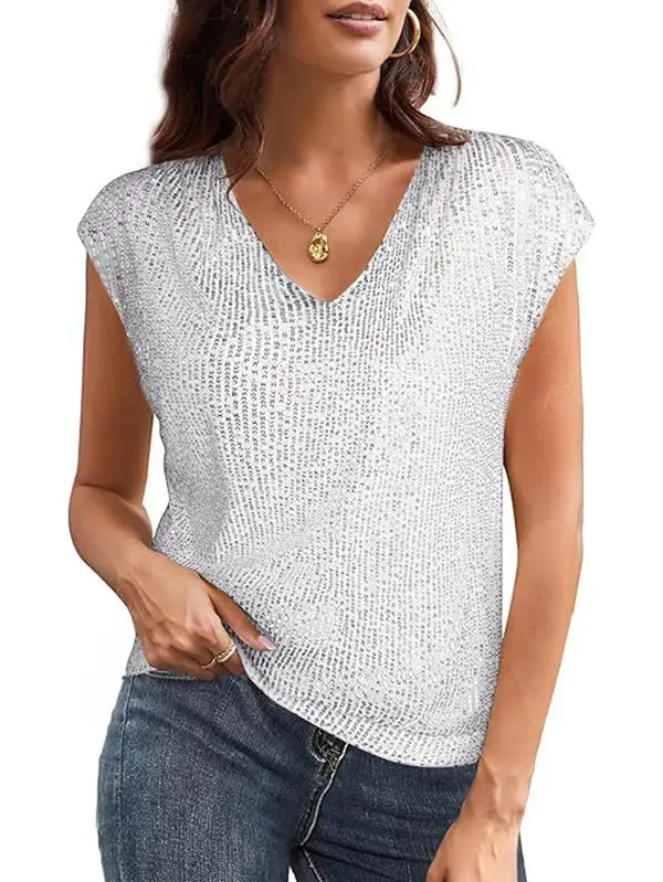 Batwing Sleeve Relaxed Sequined Shiny V-Neck T-Shirt