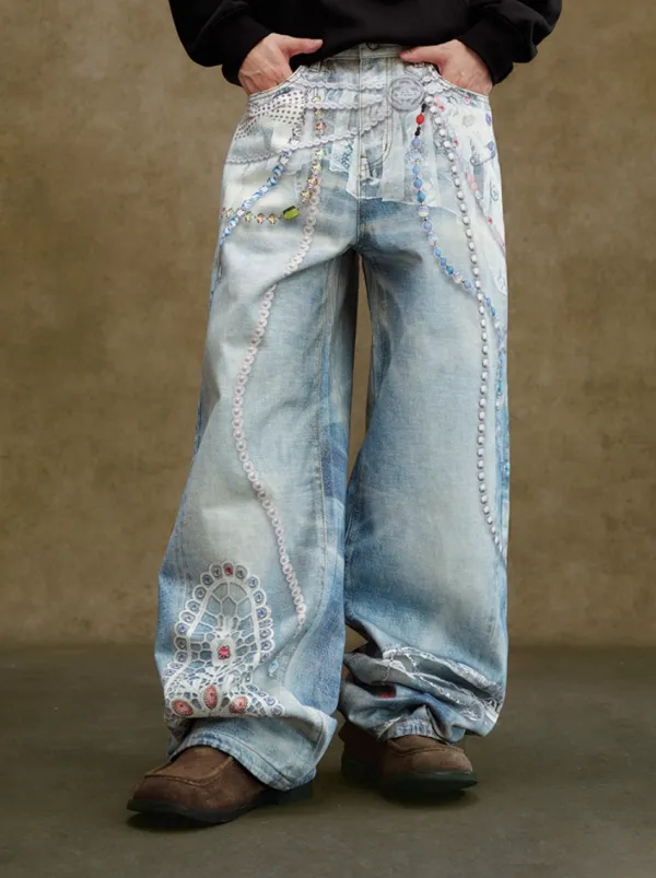 Embellished Deconstructed Denim Jeans