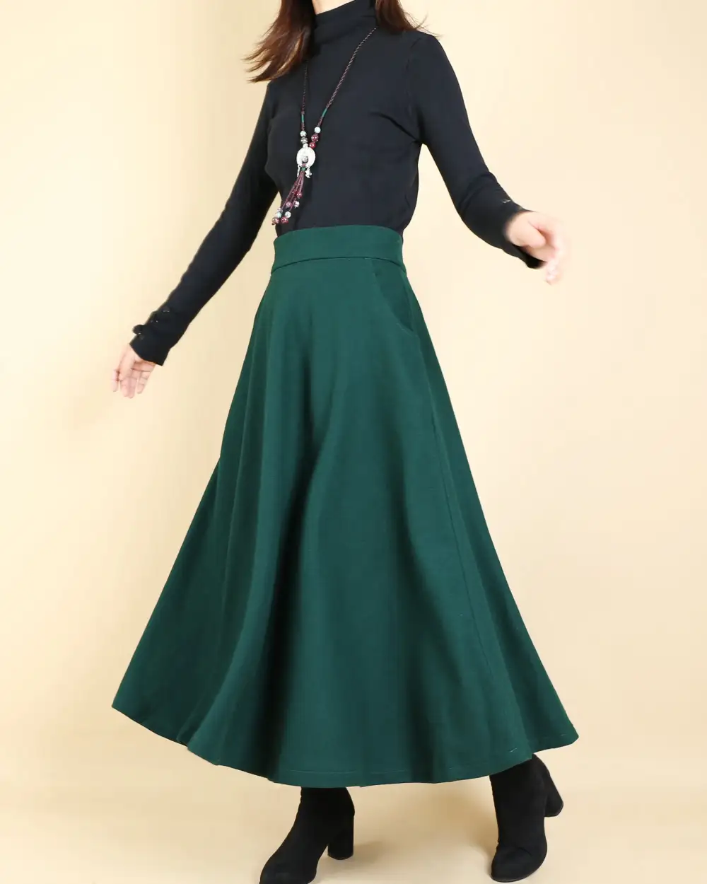 Pocketed Wool Flared Maxi Skirt