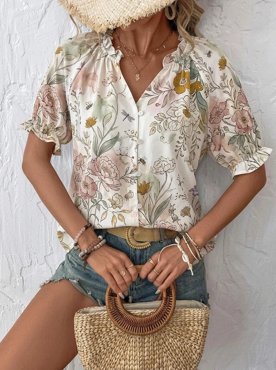 Women's Boho Floral Bee Dragonfly Printed Button-up Blouse