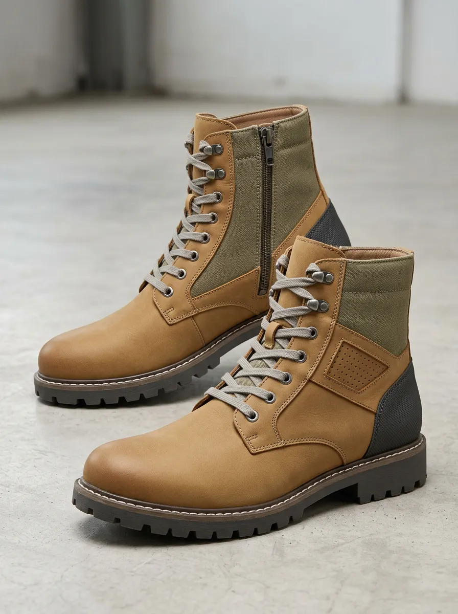 Unisex Outdoor Tactical Leather Canvas Side-Zip Work Boots