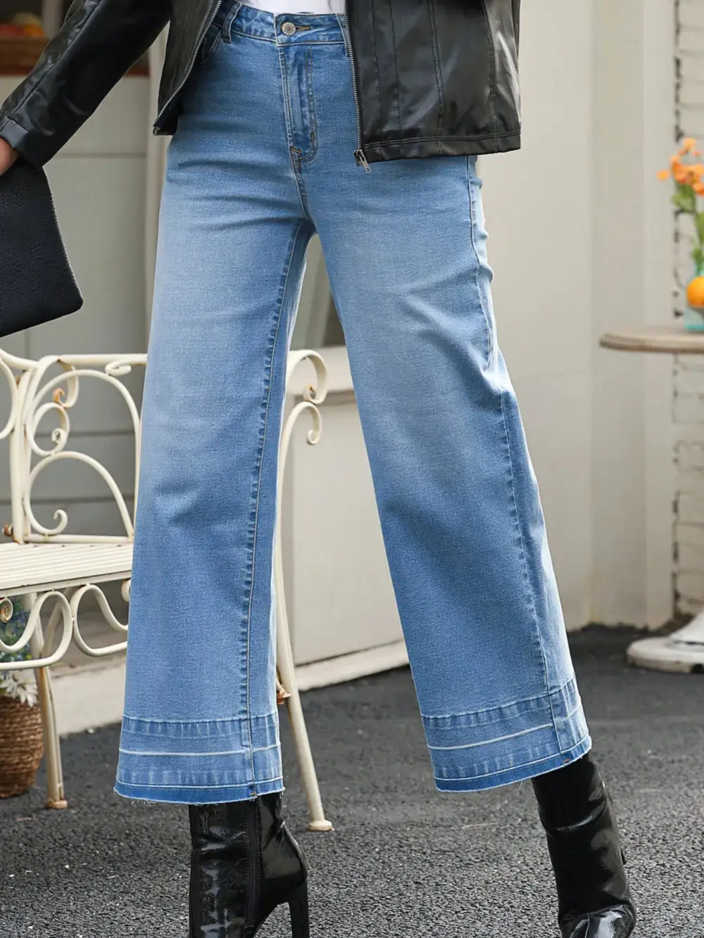 Versatile High Waist Wide Leg Washed Denim Jeans