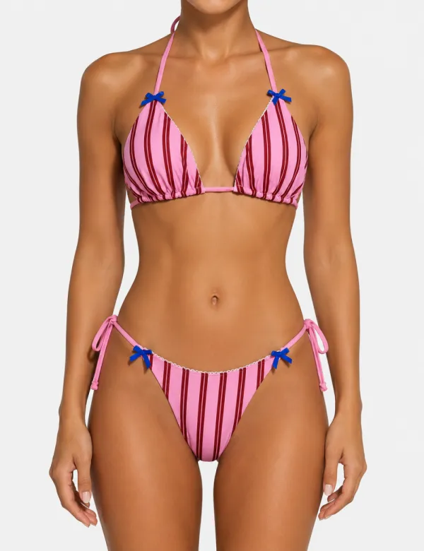 Vertical Bow Halter Triangle Piece Bikini Set