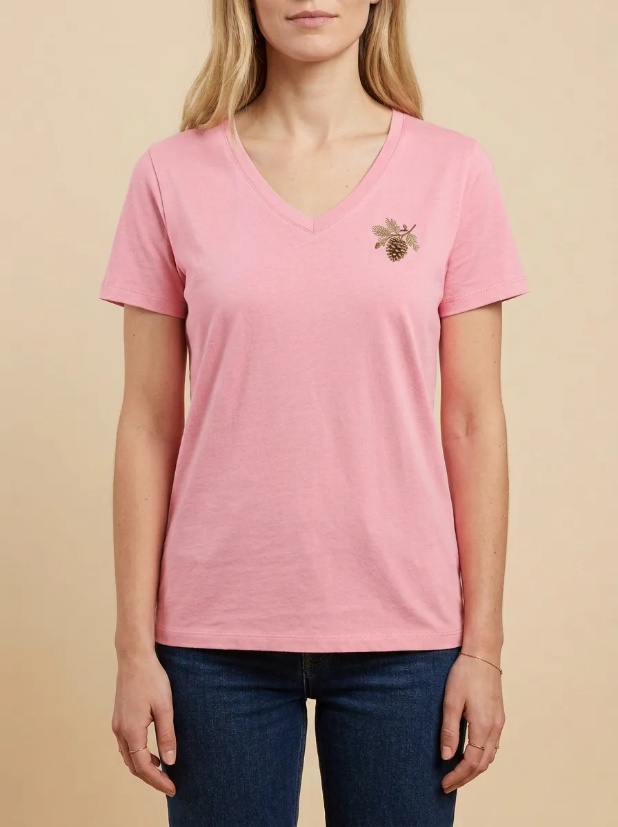 Women's Pinecone Embroidered V-Neck T-Shirt