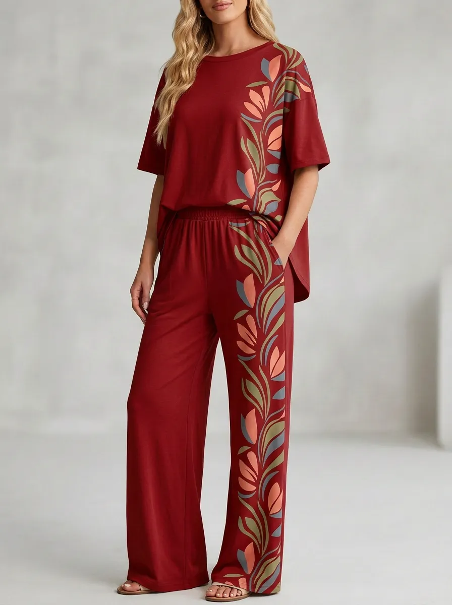 Women's Side Botanical Print Crewneck Top And Wide-Leg Trouser Lounge Set