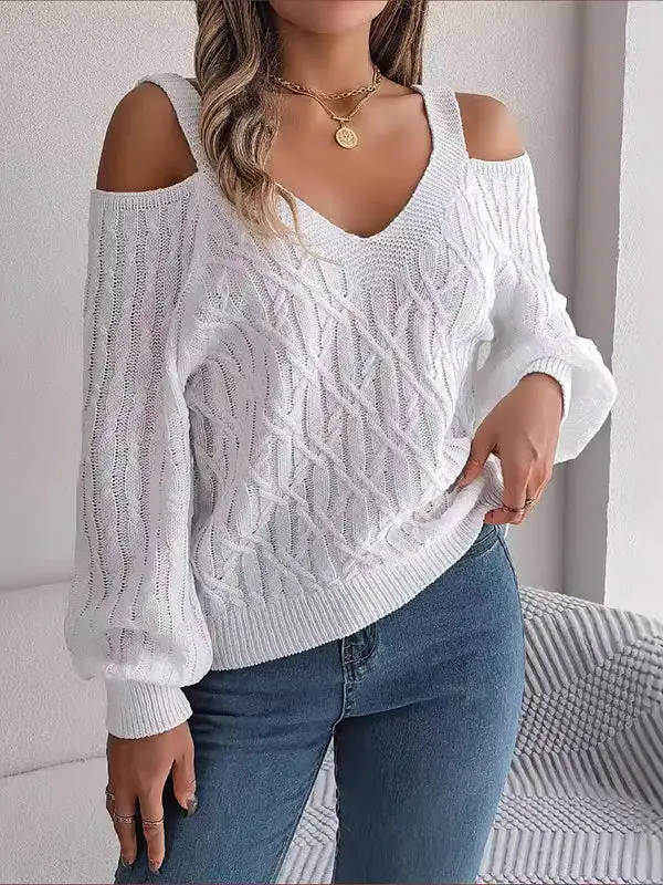 Cable Knit Cold Shoulder Long Sleeve Relaxed Fit Sweater