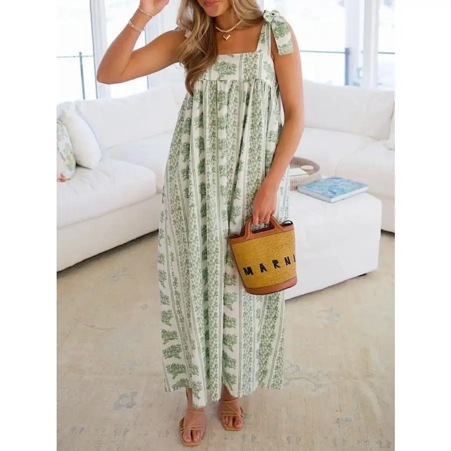 Printed Tie Shoulder Square Neck Midi Dress