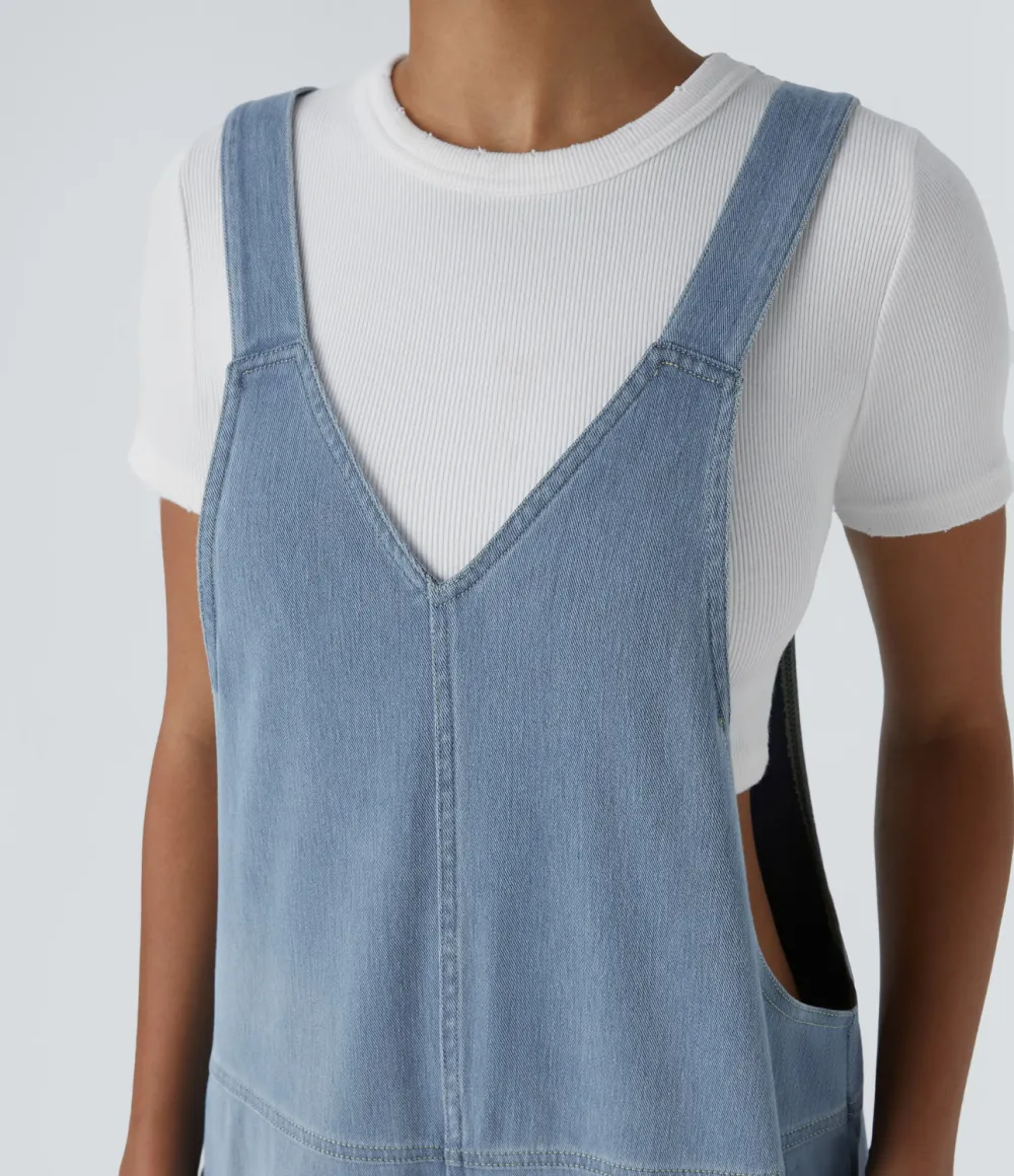 Magic V Neck Side Pocket Washed Stretchy Knit Denim Casual Overalls