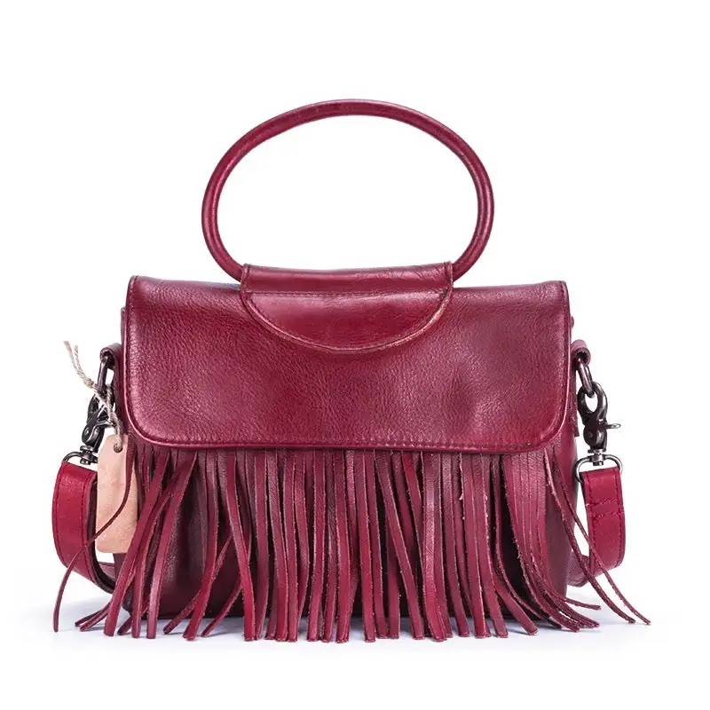 Vintage Leather Messenger Bag Tassel Horizontal Square