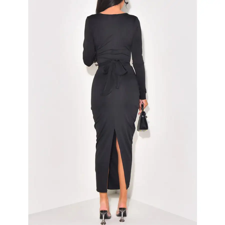 Long Sleeve Tie Front Bodycon Maxi Dress
