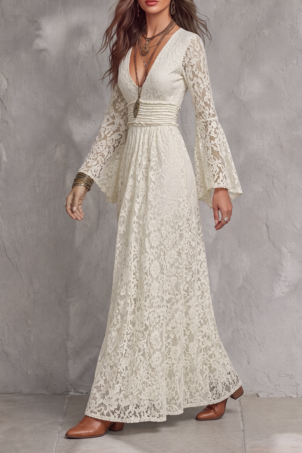 Plunge Neck Pleated Lace Maxi Dress