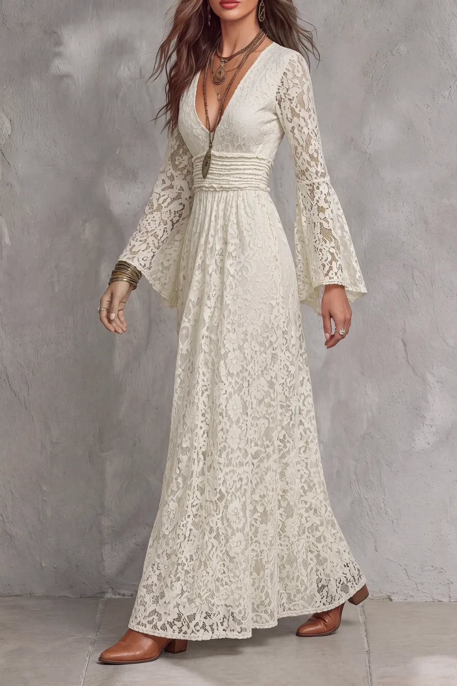 Plunge Neck Pleated Lace Maxi Dress