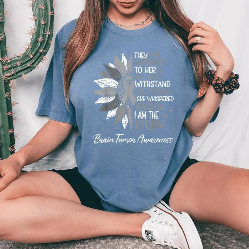 Motivational Brain Tumor Awareness Sunflower Ribbon Gray Women's Oversized Comfort T-Shirt