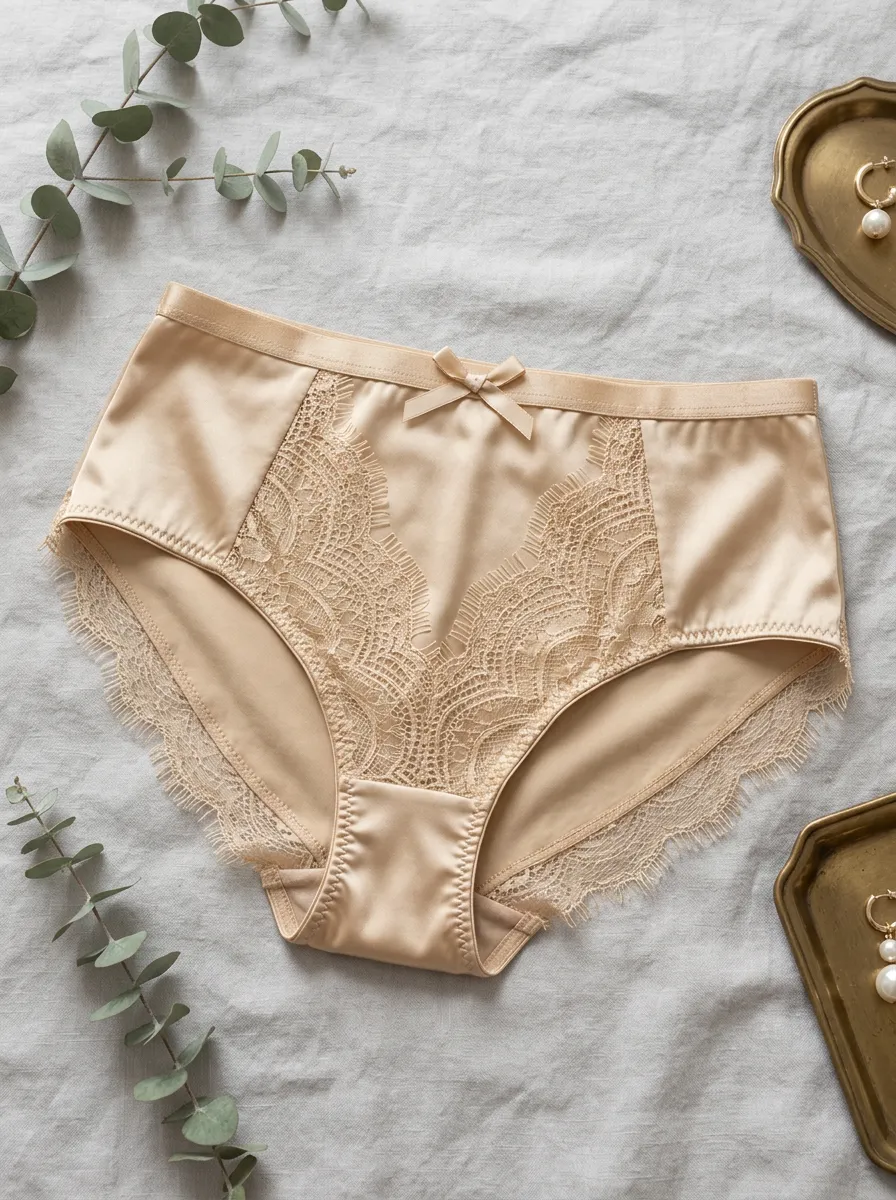 Women's Beige Satin Lace Trim Bowknot Printed Panties