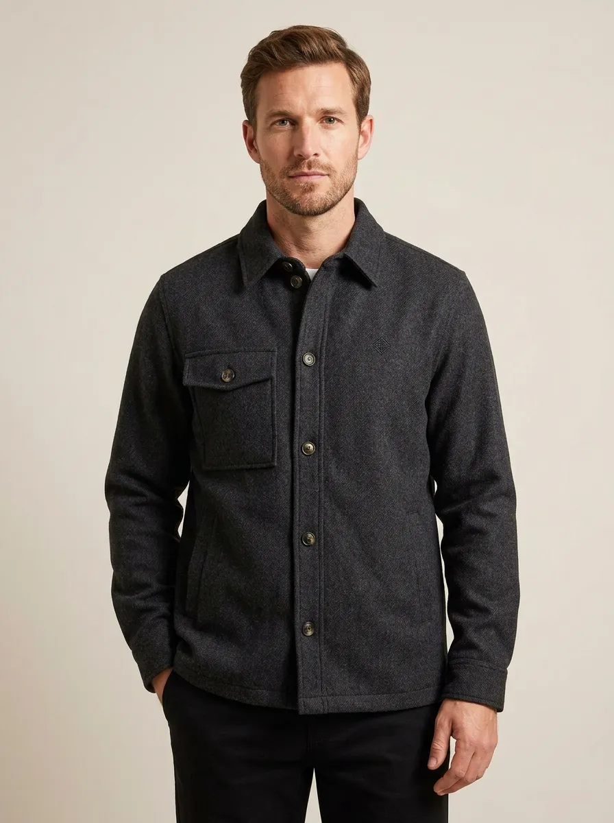 Men's Casual Minimalist Charcoal Herringbone Buttoned Jacket