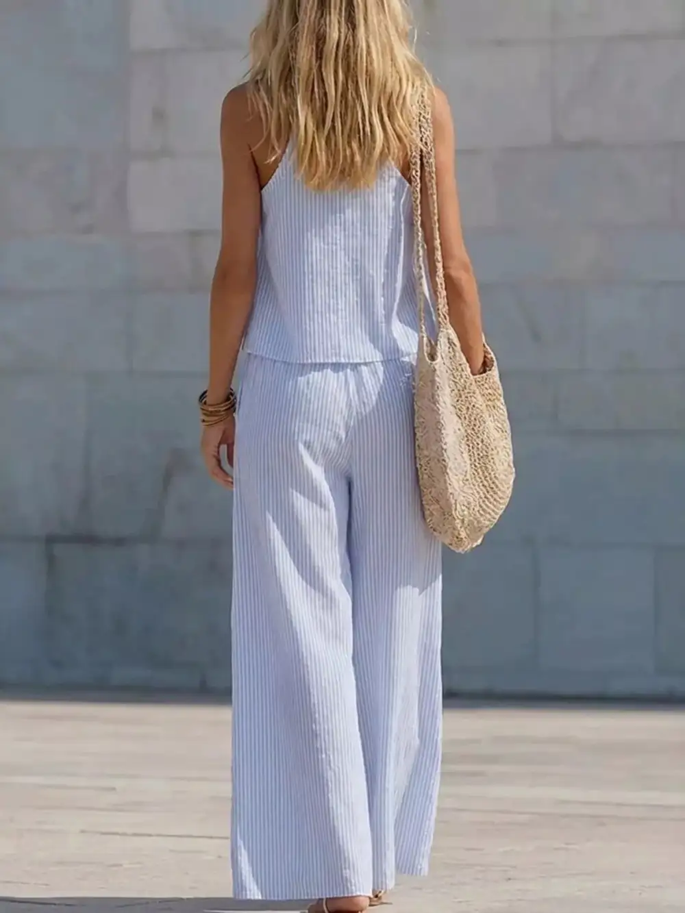 Striped V Neck Tank and Wide Leg Pants Set