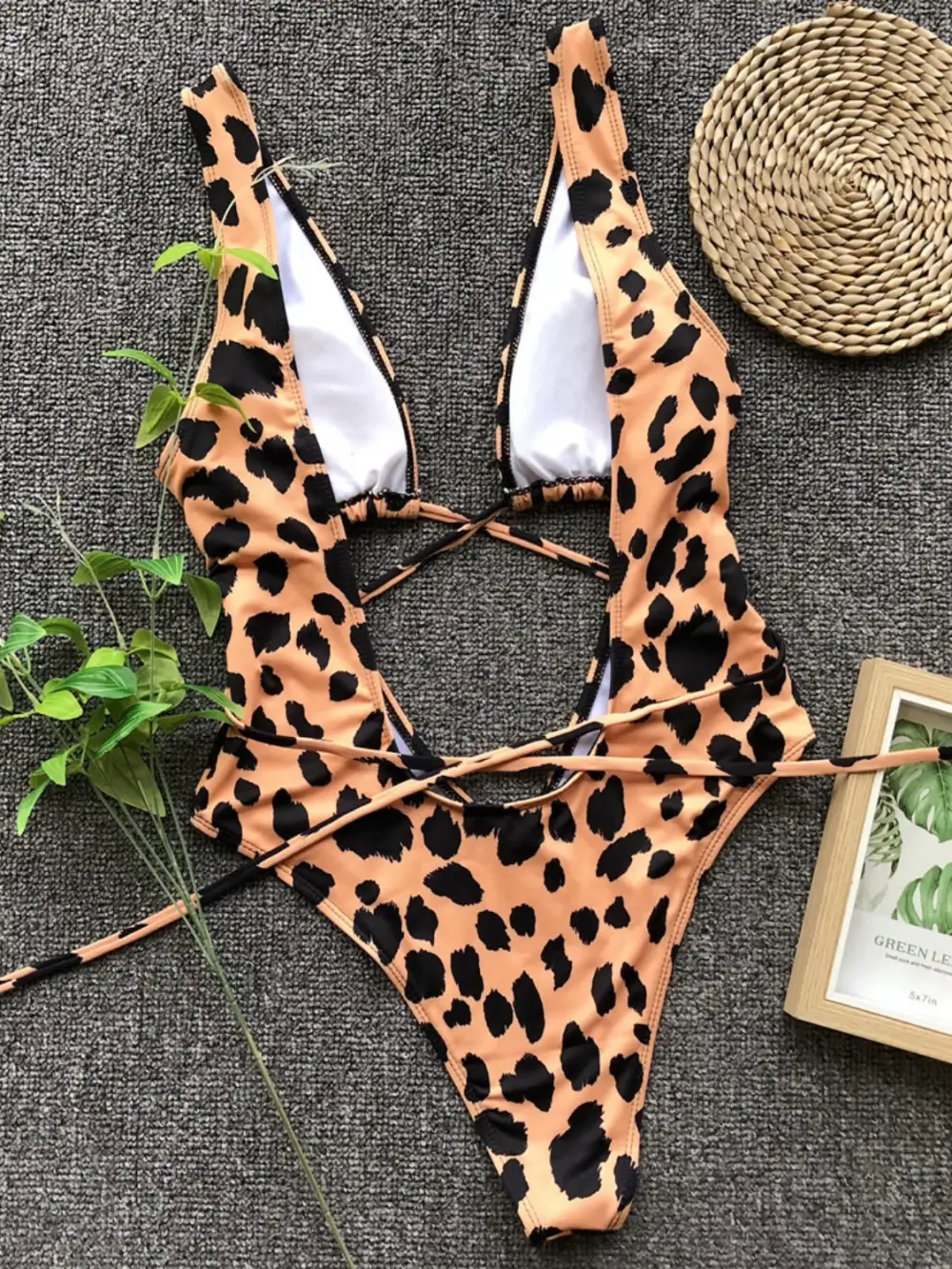 Lace Up Backless Plunge One Piece Swimsuit