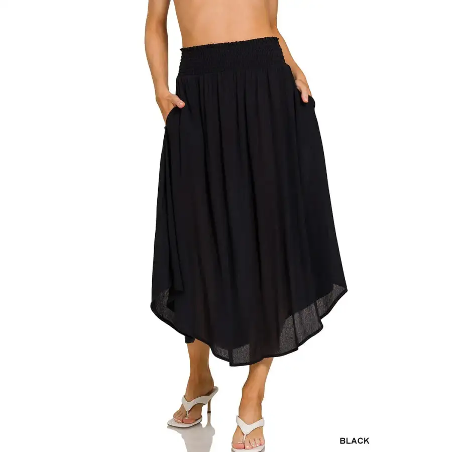 Casual Woven Crinkle Smocked Waist Maxi Skirt W Pockets