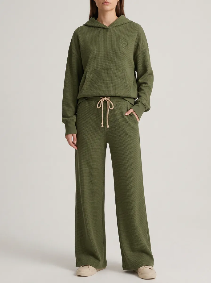 Women's Minimalist Leaf Embroidered Waffle Knit Hoodie