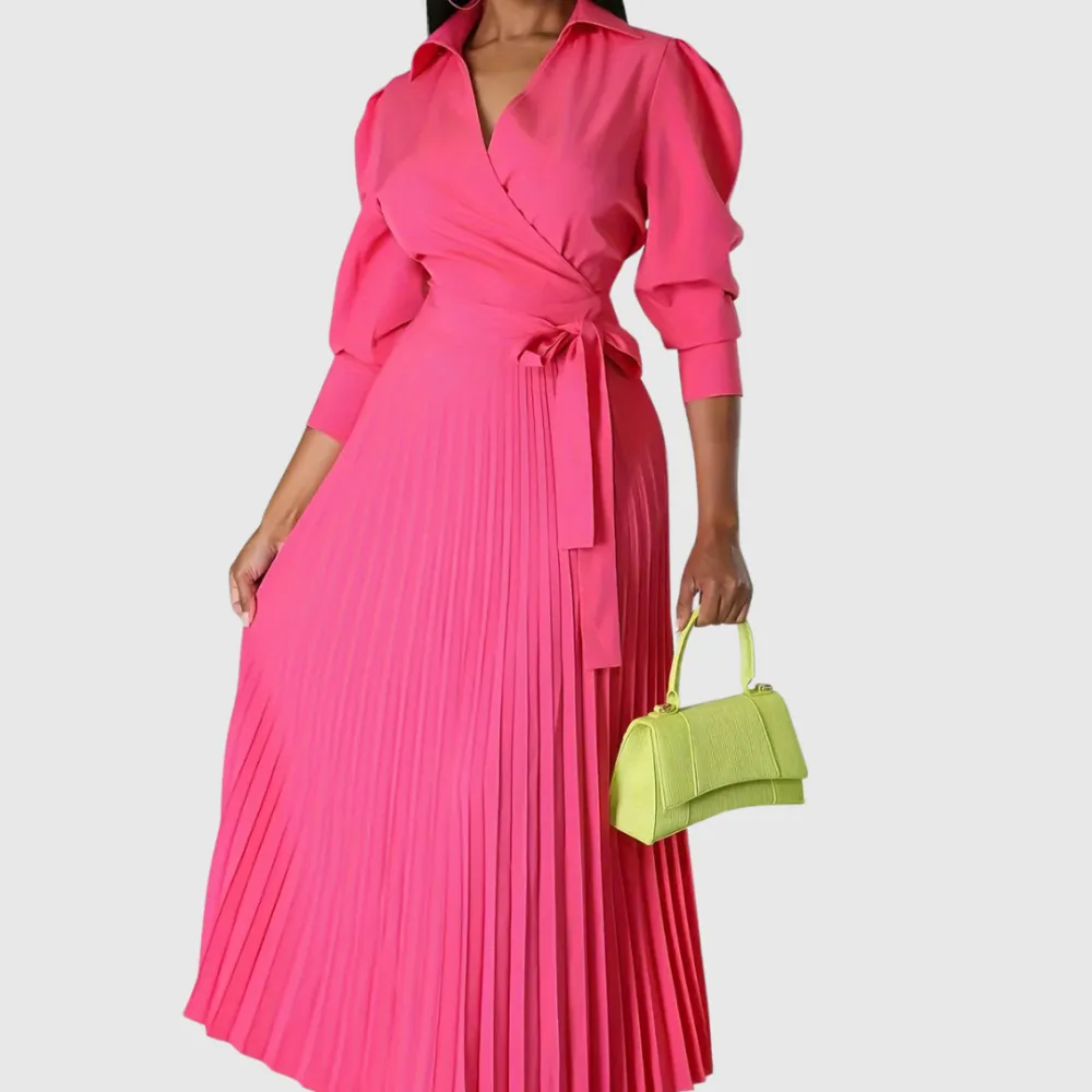  Pleated Wrap Midi Dress