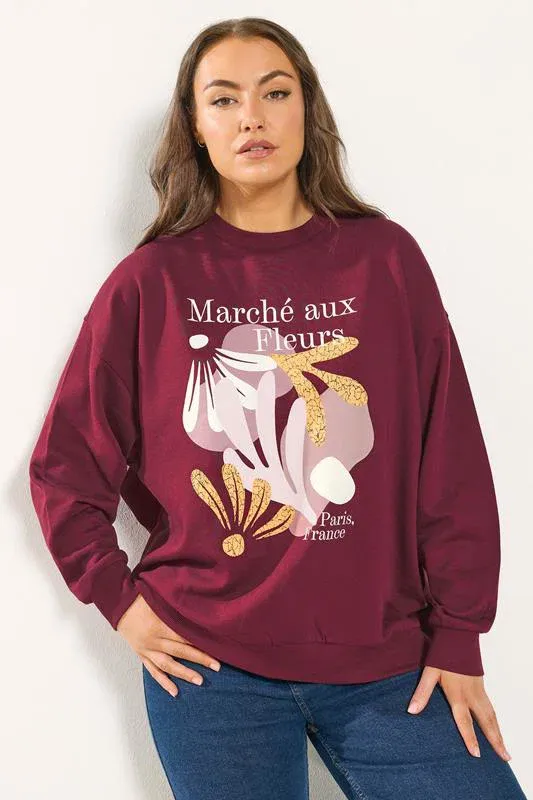 Burgundy Red 'Marche Aux Fleurs' Slogan Sweatshirt