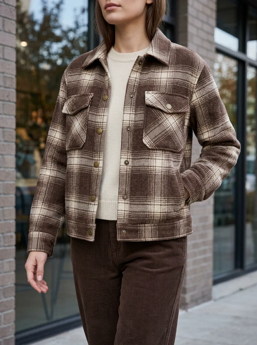 Women's Brown Plaid Printed Shacket Jacket