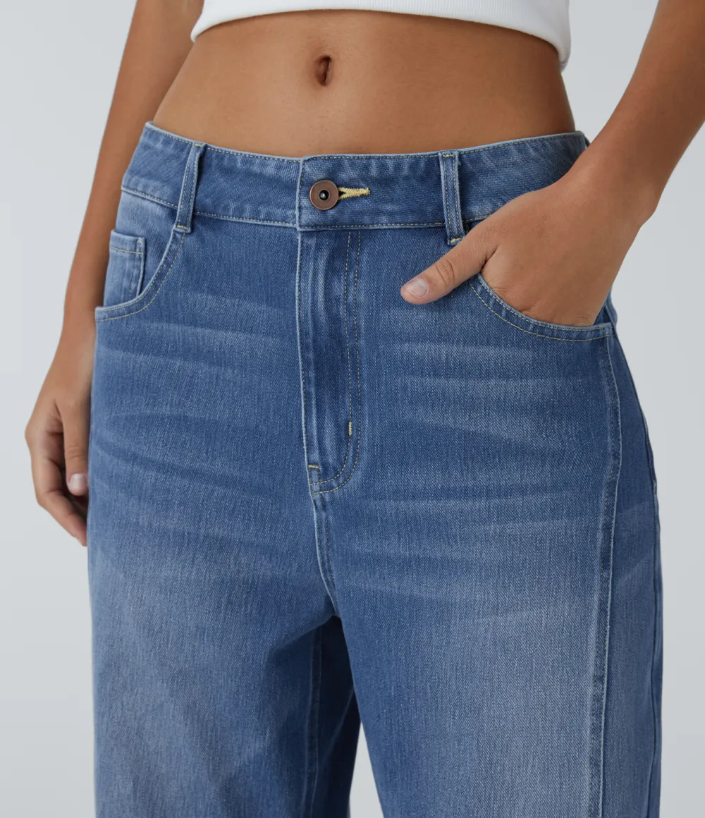 Magic Mid Low Rise Button Zipper Multiple Pockets Washed Stretchy Knit Casual Mom Jeans