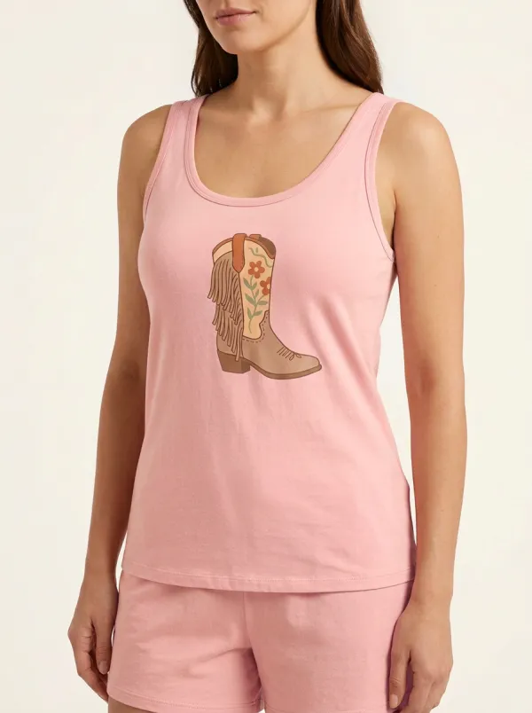 Fringe-Boot Floral Built-In Bra Tank Top