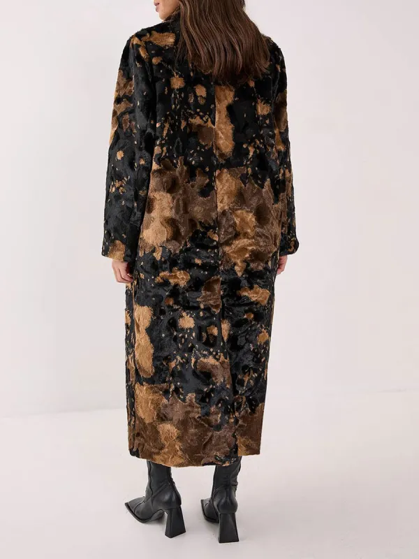 Brown Black Camo Print Long Shearling Coat