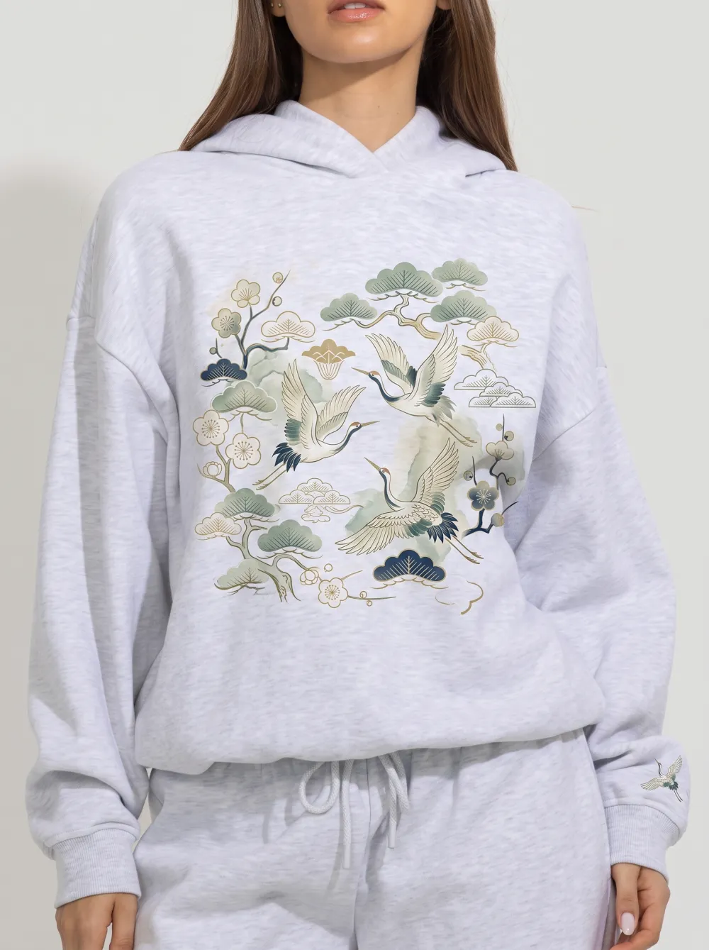 Women's Japanese Art Lover Red-Crowned Crane Pine Printed Hoodie