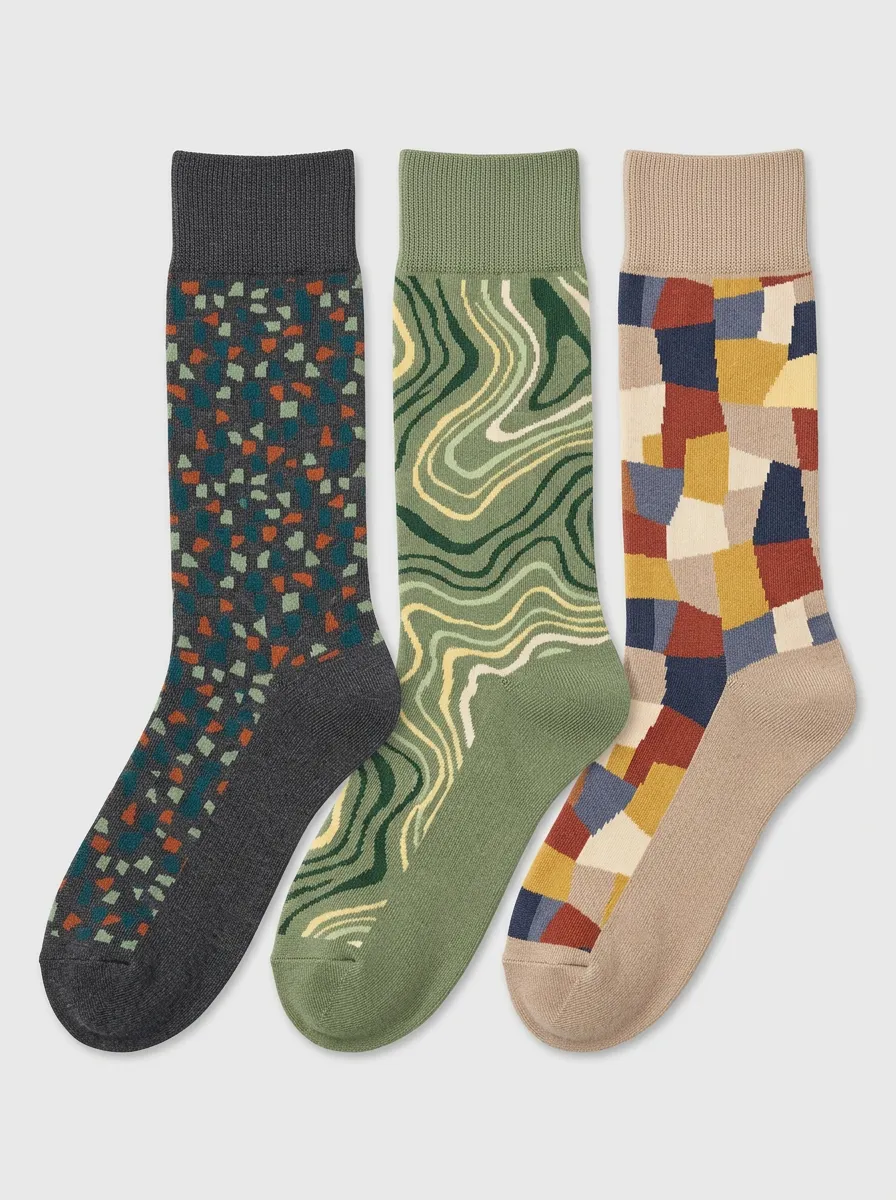 Men's Geometric Abstract Pattern Printed Three Pack Socks Brushstroke Detail