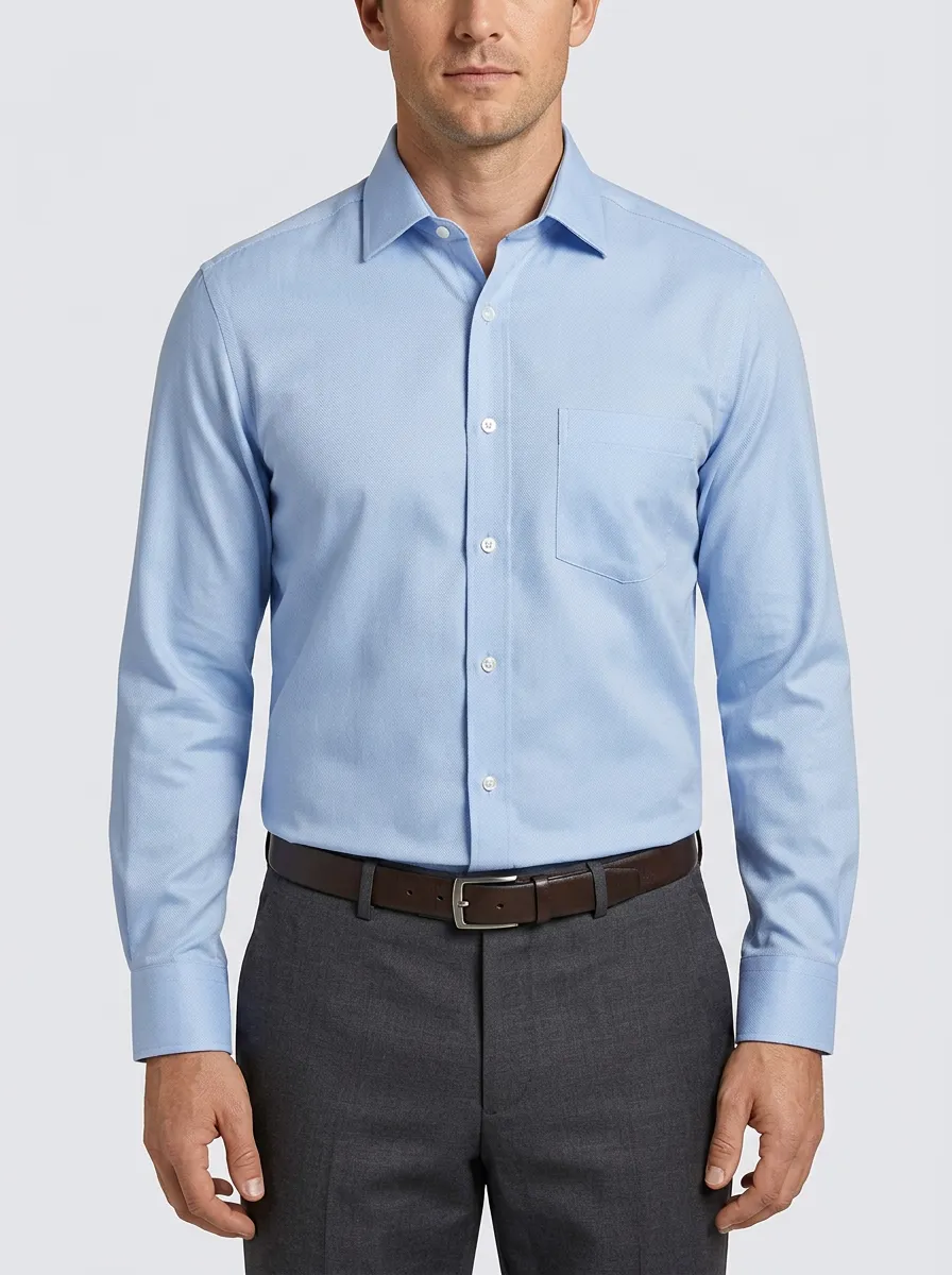 Men's Light Blue Micro-Texture Point Collar Dress Shirt