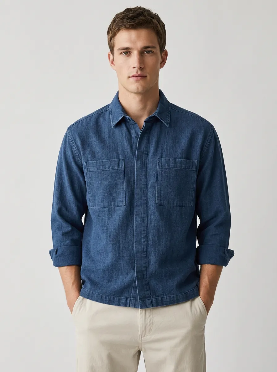 Men's Casual Breathable Denim Double Pocket Button-Down Shirt
