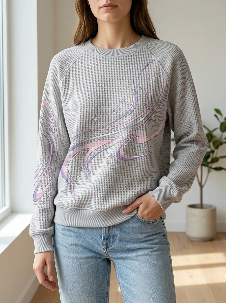 Women's Abstract Swirl Star Waffle Knit Crewneck Sweatshirt