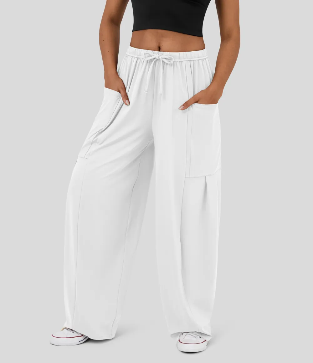 Mid Rise Elastic Waistband Drawstring Side Pocket Palazzo Flowy Wide Leg Casual Pants