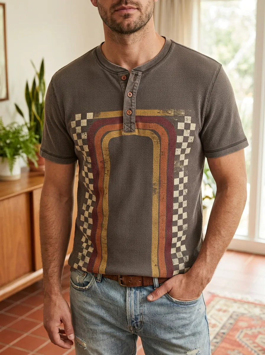 Men's Retro 70s Checkerboard Stripe Printed Henley T-shirt