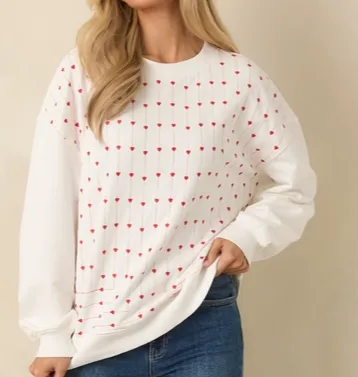 White Embroidered Heart Crewneck Sweatshirt