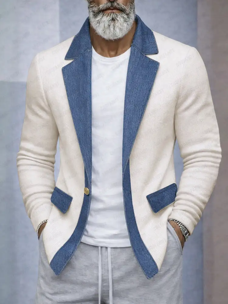 Cool Stylish Contrast Denim Panel Knit Blazer Jacket