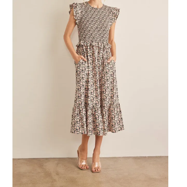 In February Smocked Ruffled Midi Dress