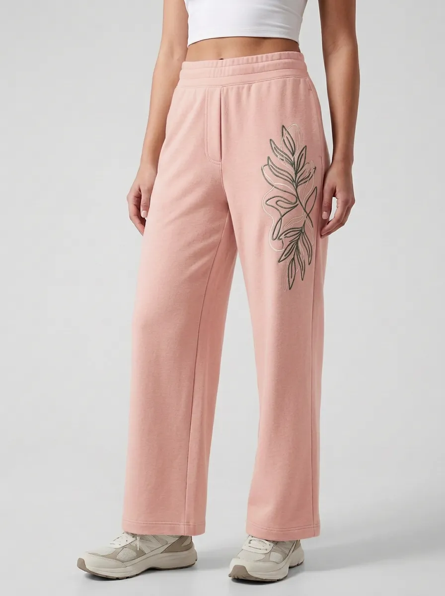 Women's Beige Elastic Waist Botanical Embroidery Wide-Leg Sweatpants