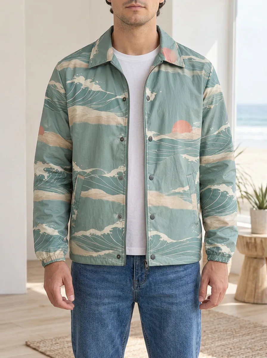 Men's Japanese Ocean Wave Sunset Rugged Trail Jacket