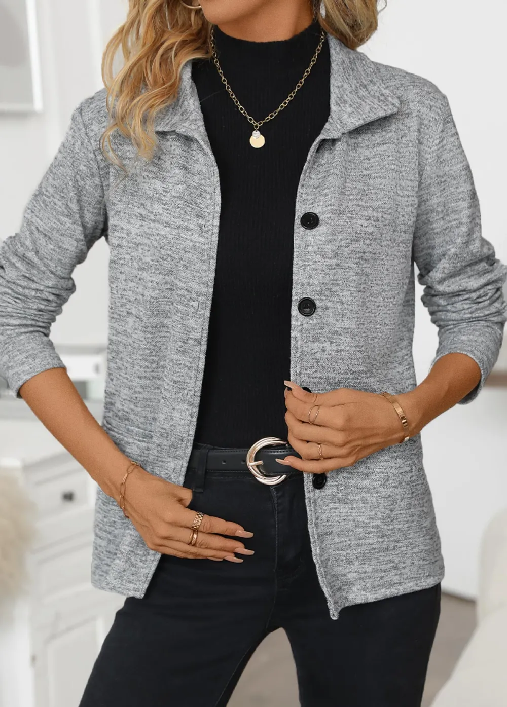 Light Grey Pocket Long Sleeve Turn Down Collar Coat