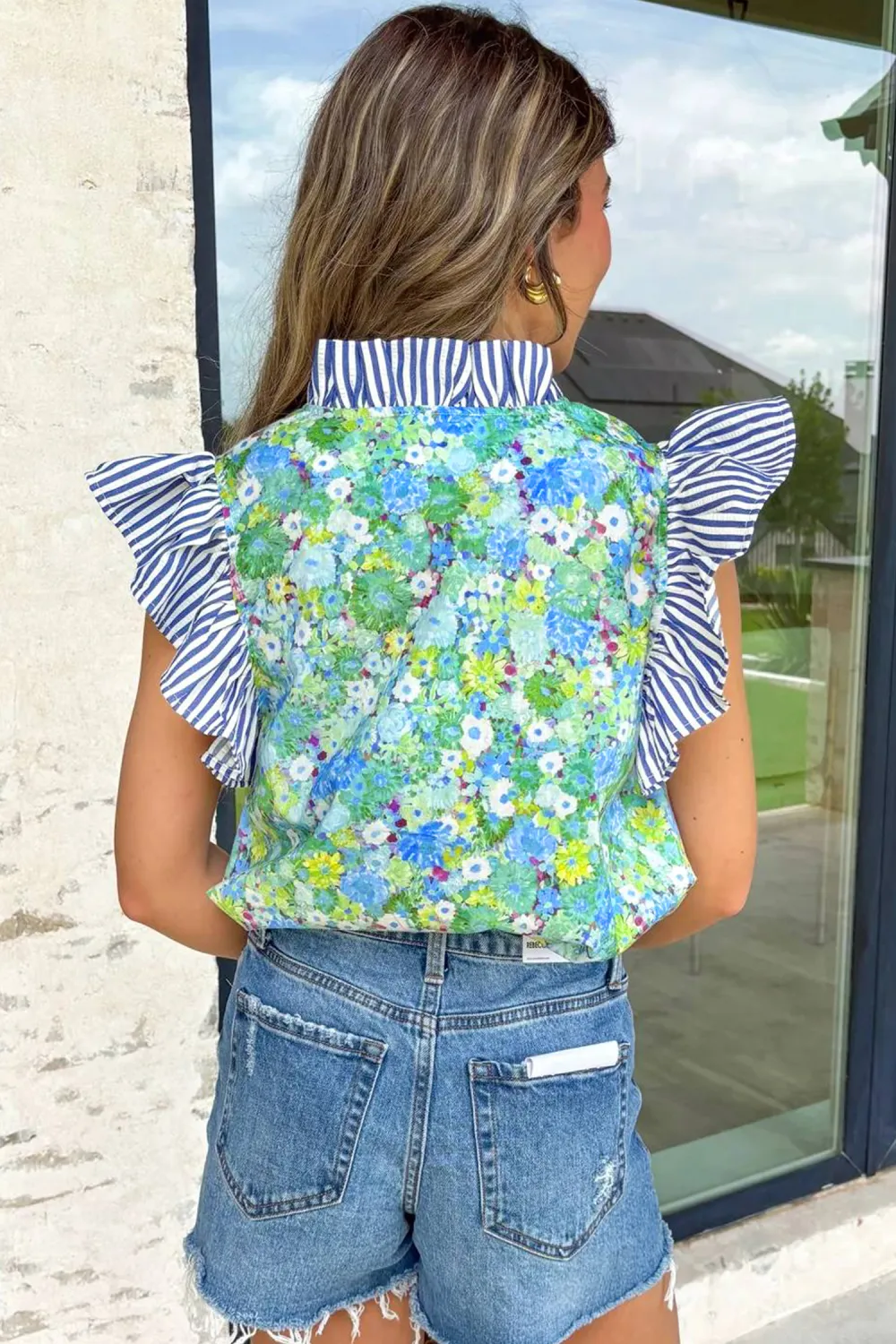 Green Floral Painting Print Striped Blouse