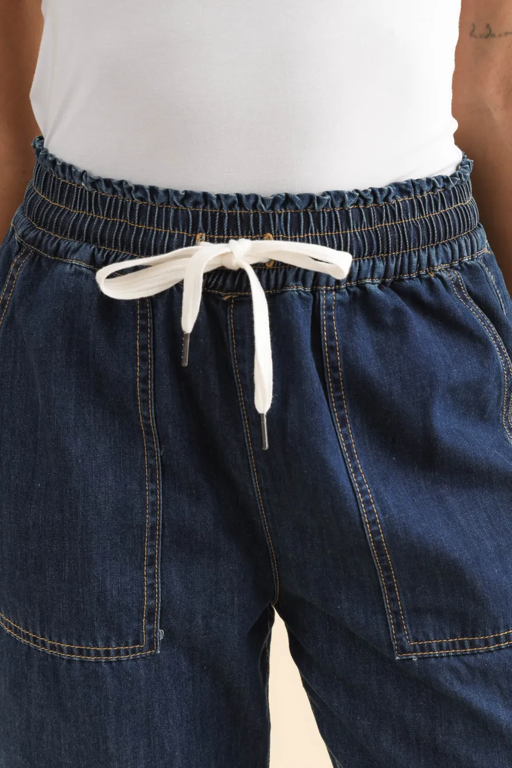 Denim Pants With High Rise And Elastic Waist