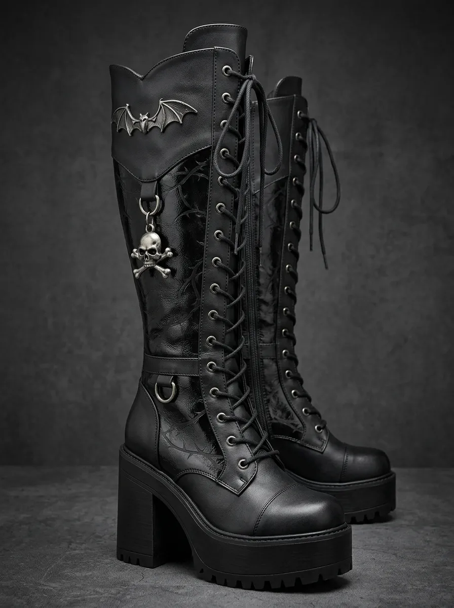 Ritual-Inspired Skull Bat Lace Alternative Look Women's Gothic Platform Boots
