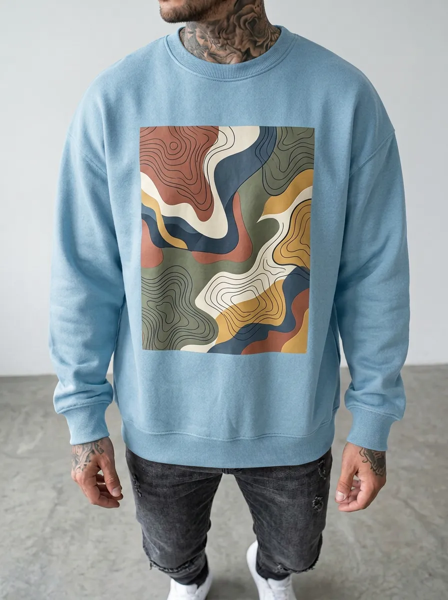 Men's Abstract Topographic Map Printed Crewneck Sweatshirt