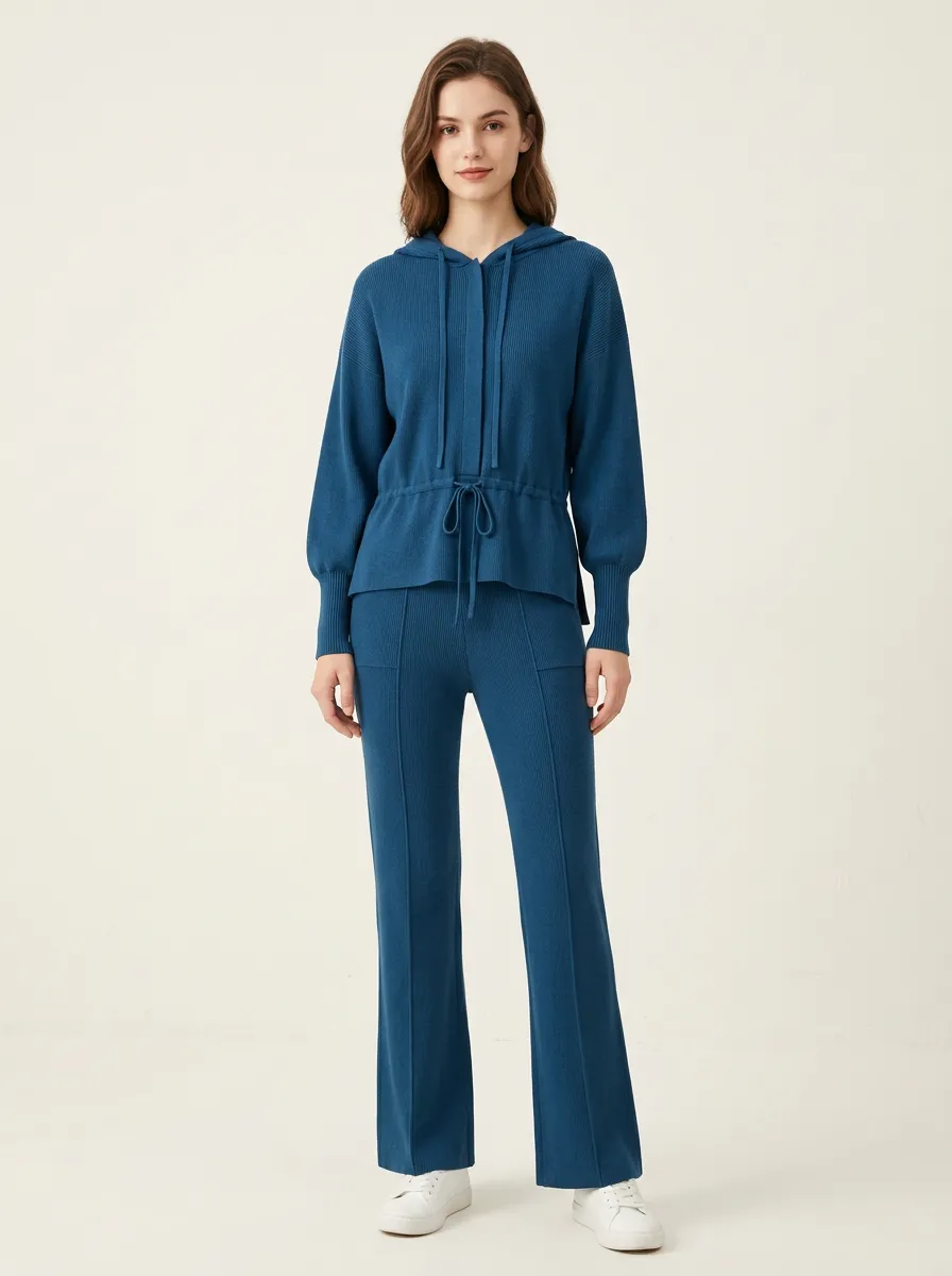 Women's Casual Solid Blue Ribbed Knit Hoodie and Pants Set